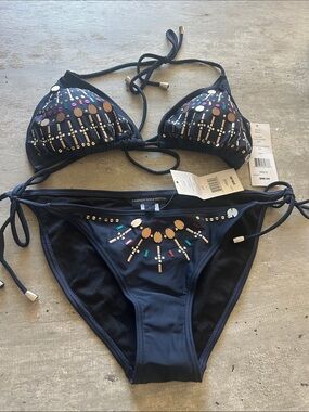 French Connection Navy Beaded Triangle Bikini Size L